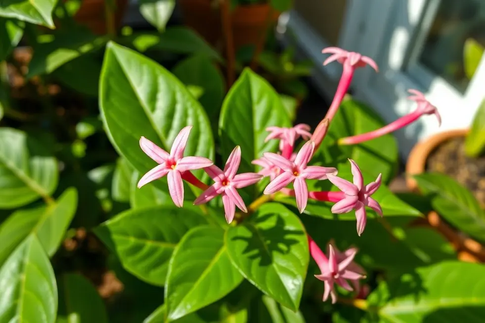Planta de flor-de-cera florescendo com flores cerosas e folhas verdes em um jardim caseiro.