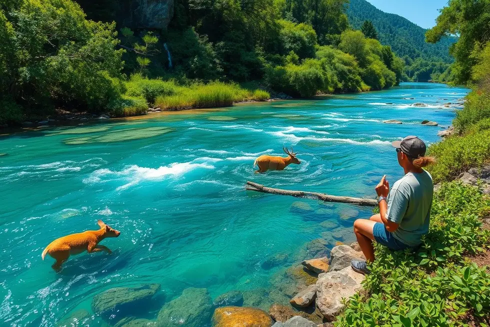 Rio cristalino com vegetação exuberante e vida selvagem, simbolizando conservação da água.