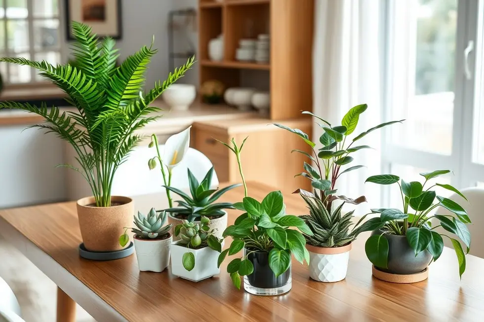 Mesa de jantar com cinco plantas diferentes em vasos elegantes, iluminada pela luz natural, reforçando sensação de acolhimento.