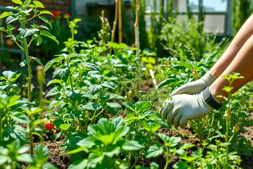 Vista de uma horta caseira de verão com plantas de vegetais e ervas crescendo sob sol forte.