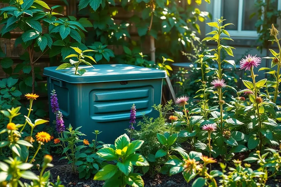 Jardim urbano com compostagem e plantas medicinais mostrando um ambiente ecológico saudável.